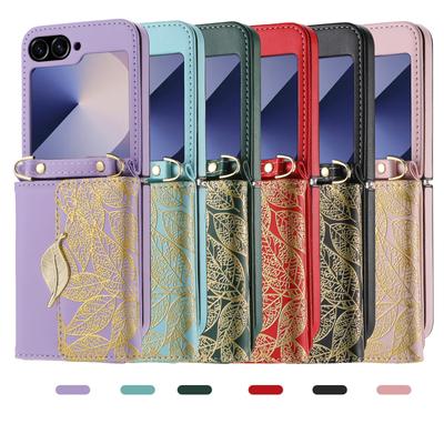 Crossbody Cards Solt Wallet Leather Case For Samsung Galaxy Z Flip 6 5G Triple Fold Pocket Golden Leaf Flip6 Bag Lanyard Cover