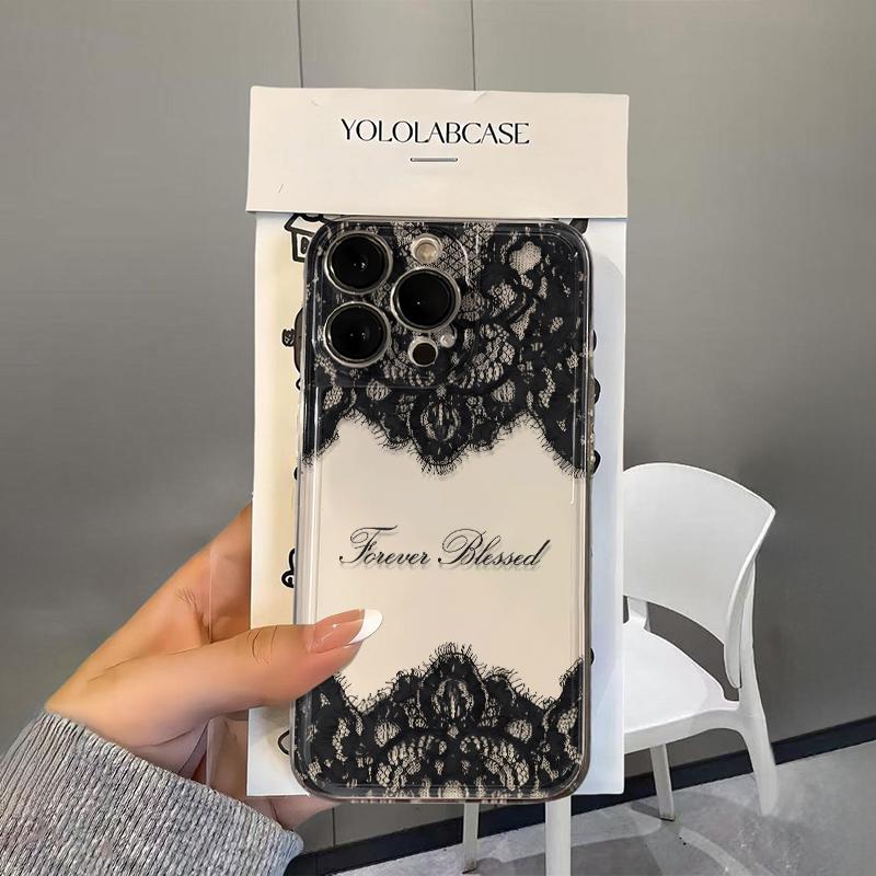

Black Lace Transparent Phone Case for iPhone 17 16 15 14 13 12 11 Pro Max XR 14 Plus 17E 16E Air Screen Protector Soft Cover iphone 11 Pro