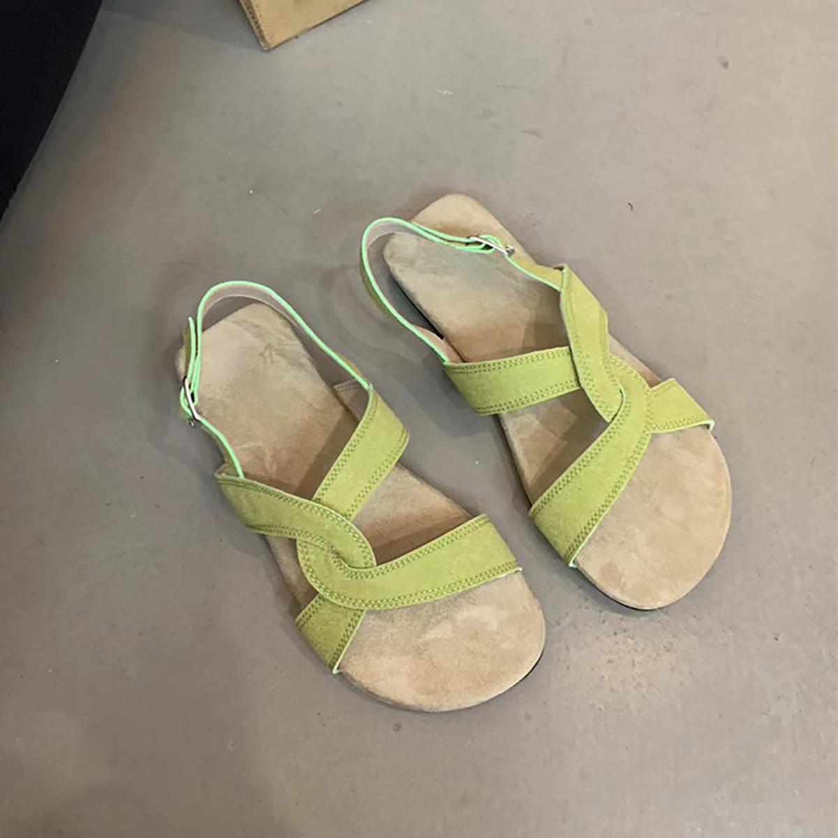 

Vintage cross-strap one-button sandals for women s versatile flat-toed beach shoes 40 зелёный