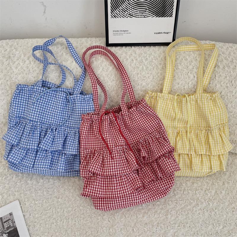 Cute college style plaid canvas bag women's new large-capacity lace tote bag