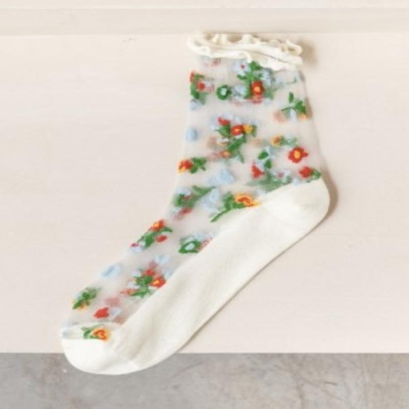 Flower Embroidery Women's Socks Summer Ultra-thin Transparent Crystal Silk Socks Women Japanese Breathable Medium Tube Socks Sox