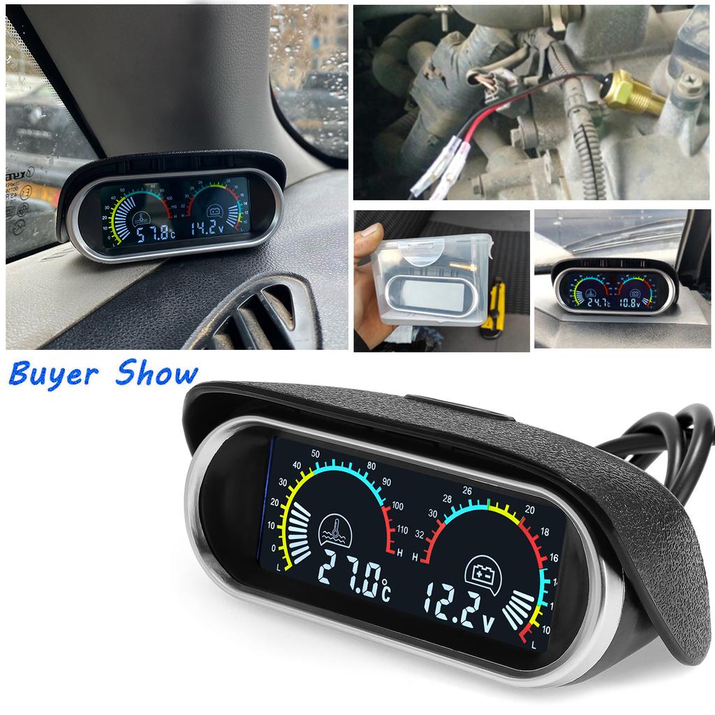 -10~120 Celsius Universal LCD 2 in 1 Gauge with Water Temperature Sensor Adapter 40mm NPT 1/8 Meter Voltmeter+Water Temp Display