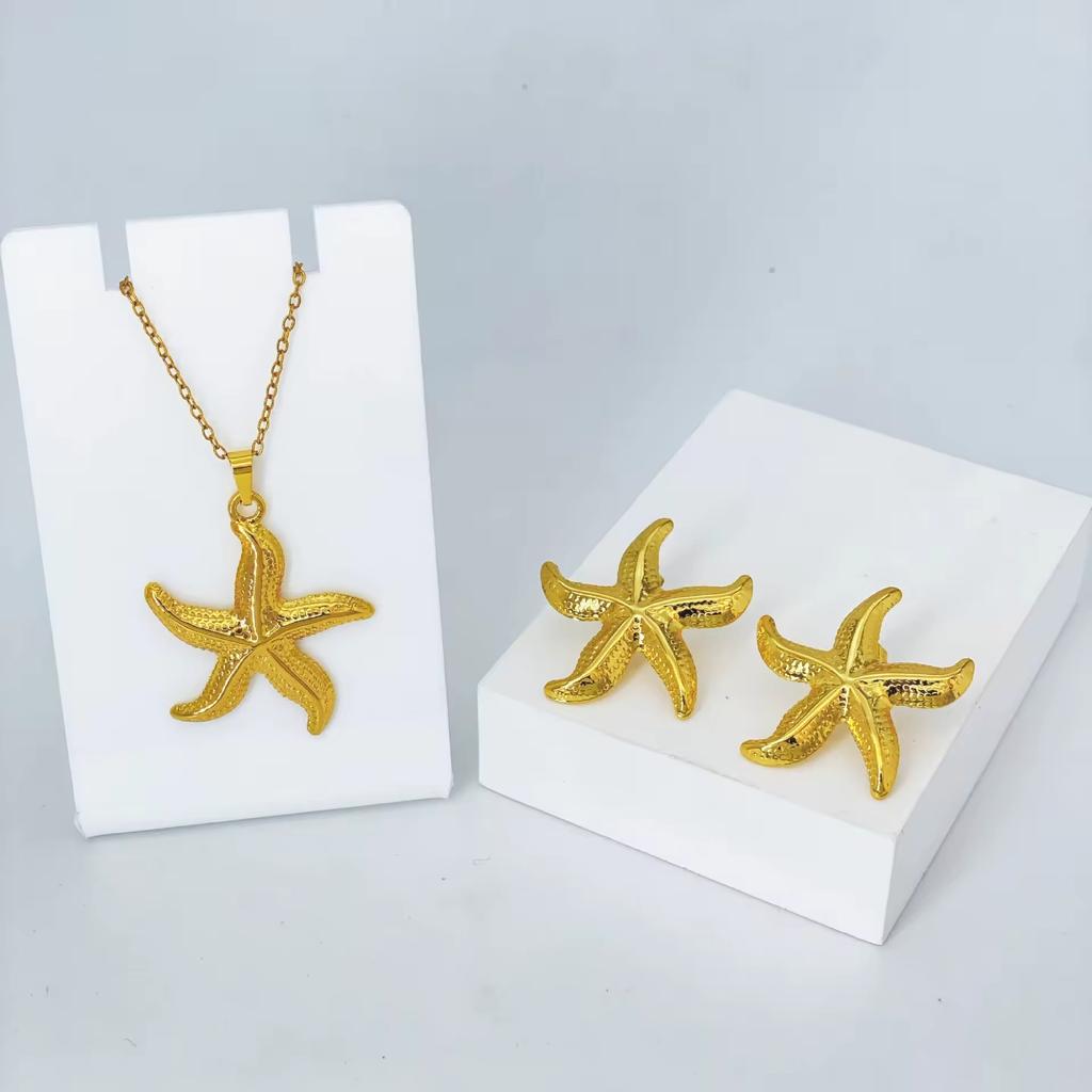 Vacation Stainless Steel Ocean Element Shell Heart Bow Flower Earrings Necklace Women's Beach Jewelry Set
