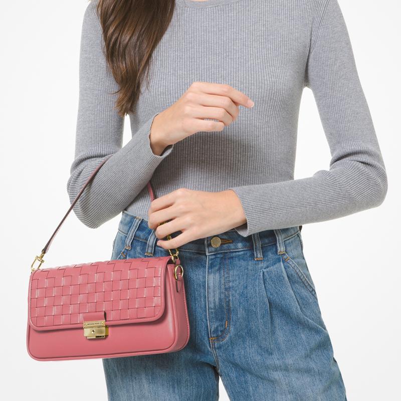 Michael Kors Mk Bradshaw Solid Letter Logo Chain Quilted Weave Flap Leather Baguette Bag Women bags Light-Pink 30S1G2BL1T-644
