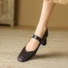 Krazing Pot Sheep Skin Square Toe Chunky High Heels Spring Summer Mary Janes Shoes Vintage Plus Size 42 Women Pumps