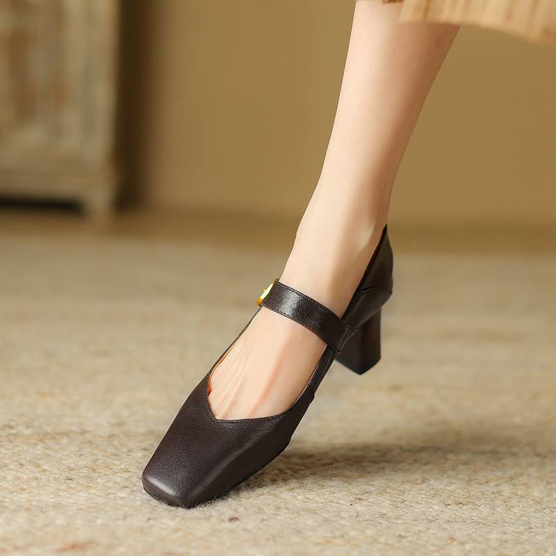 Krazing Pot Sheep Skin Square Toe Chunky High Heels Spring Summer Mary Janes Shoes Vintage Plus Size 42 Women Pumps