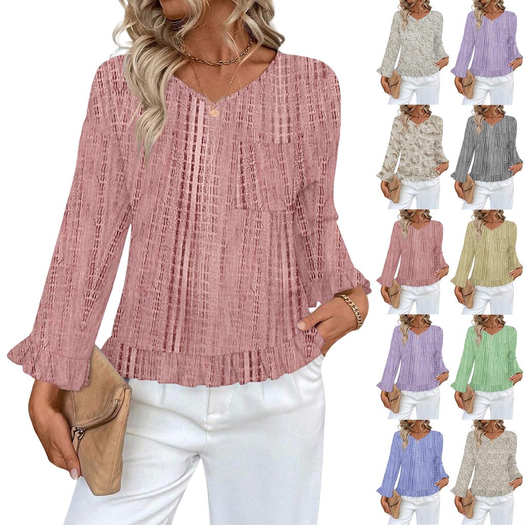 Women's Casual Fashion Ruffled V-Neck Pocket Floral Print Long Sleeve Top