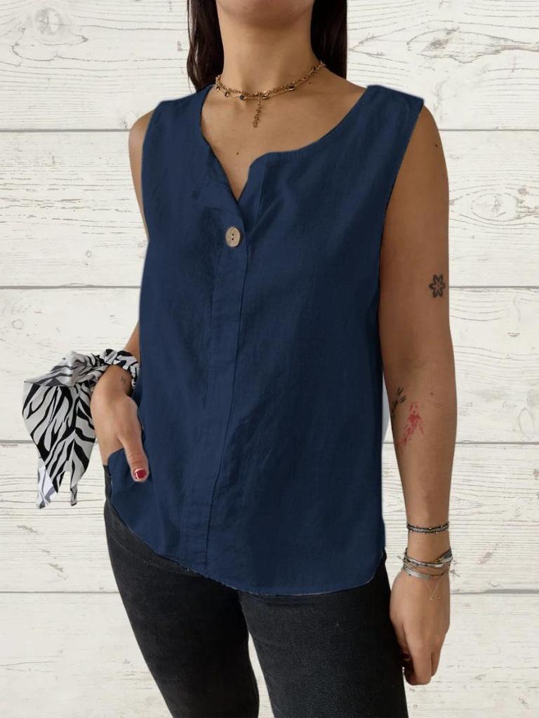 2025 Summer Women's V-neck Cotton Linen Button Vest