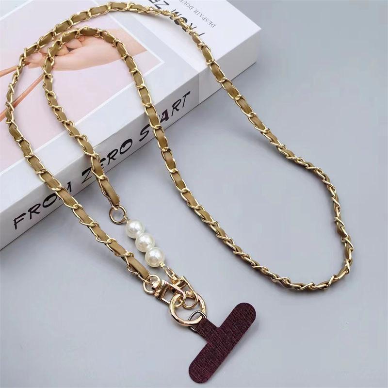 For Mobile Phone Straps Pearl Leather Chain Long Crossbody Neck Band Shoulder Cord Anti Loss Rope Hang Metal Leather Pendant