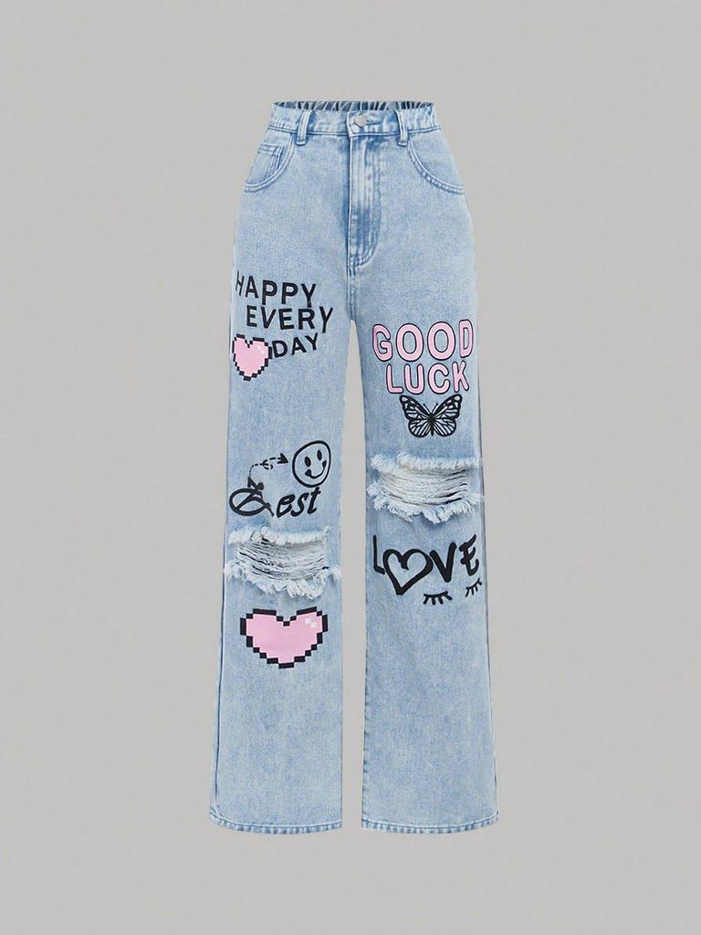 Big Kids Graffiti Wide-Leg Retro Streetwear Jeans