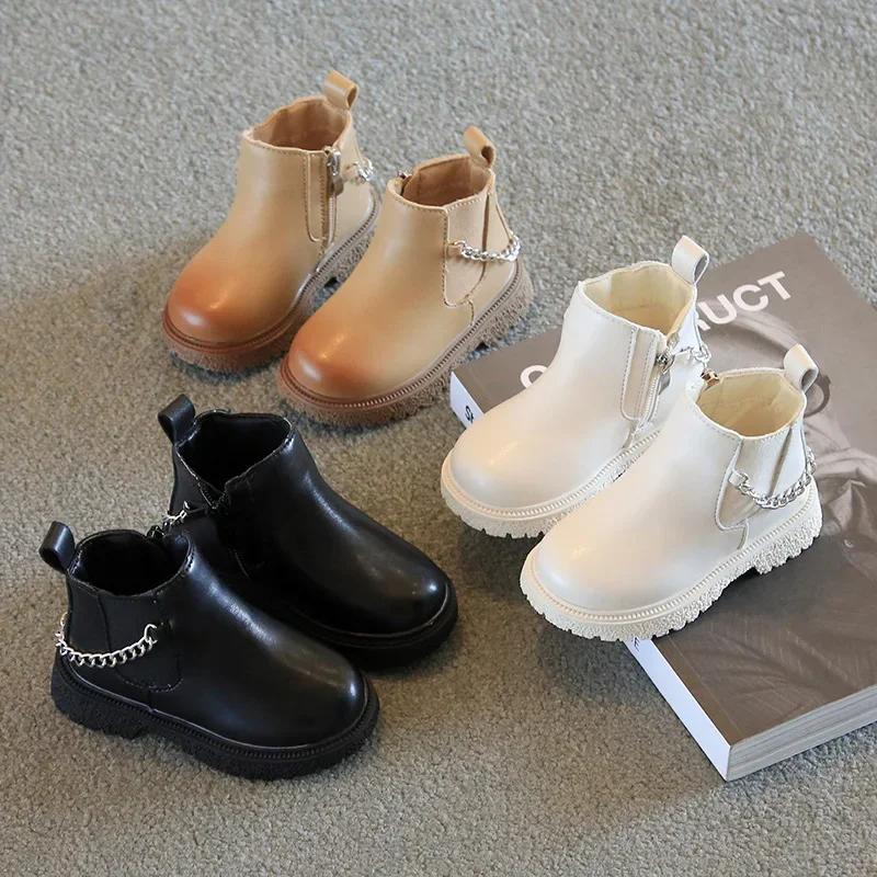 botas 2025Girls Boots New Autumn Winter Boys Ankle Boots British Style Children Chain Shoes Zip Trendy Baby Short Boots botines