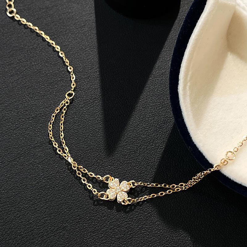 Exquisite 925 Sterling Silver Four-Leaf Clover Bracelet with Inlaid Diamonds - Elegant Double-Layer Design for Women, Perfect Birthday Gift 925 Sterling Silver
