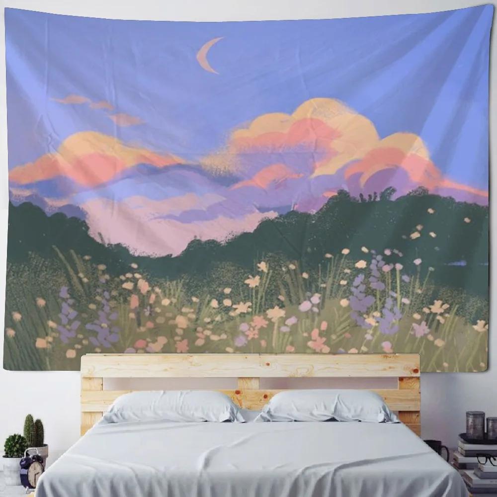 Cartoon Starry Sky Art Tapestry Pink Cloud Moon Wall Hanging Cloth Children's Room Decoration Kawaii Wall Decoration Tapestry