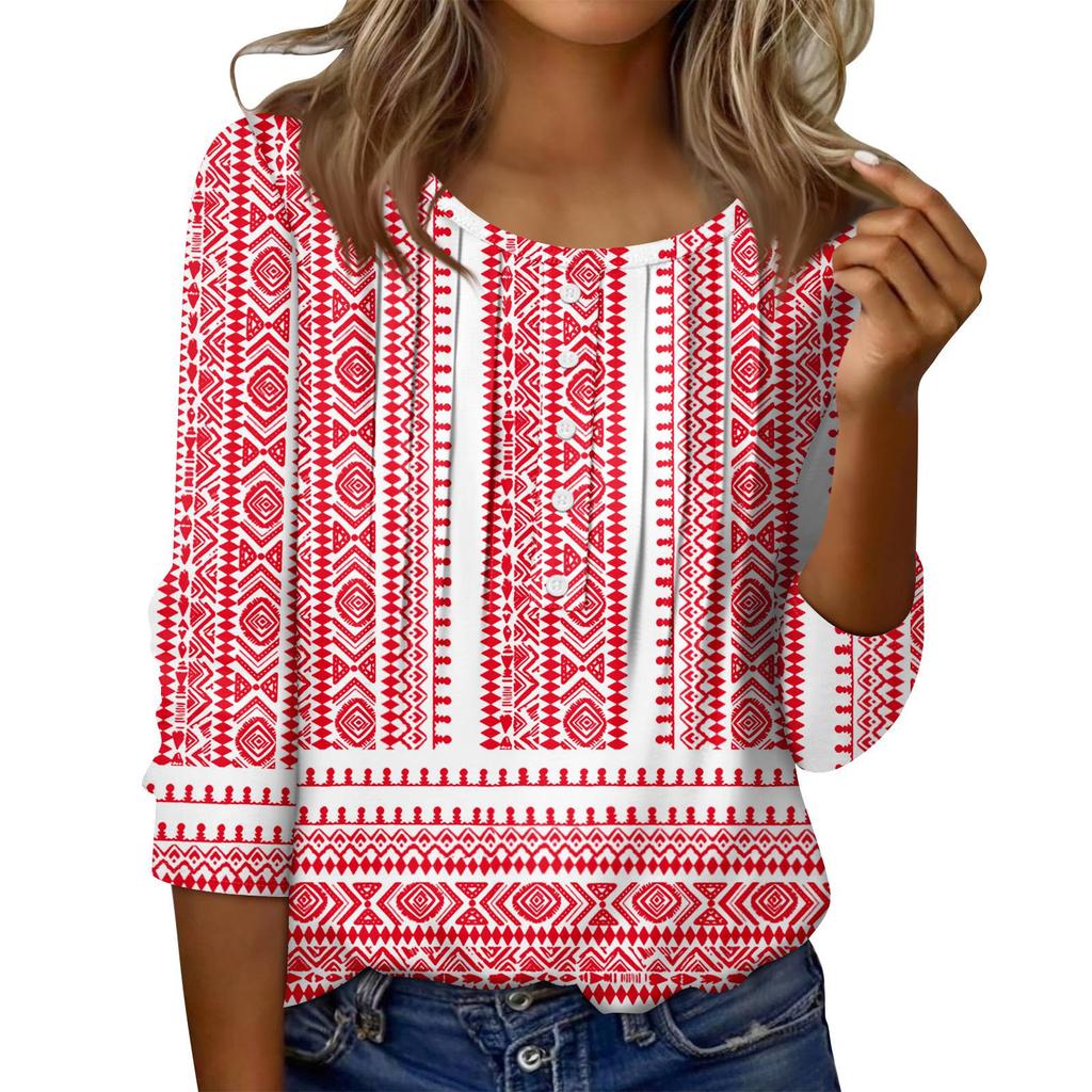 Women's Round Neck Pull Stripe Decorative Button Top Casual Solid Color 3/4 Sleeve T Shirt
