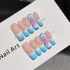10Pcs Handmade Blue Gradient French Fake Nails with Water Drop & 3D Flower Accents