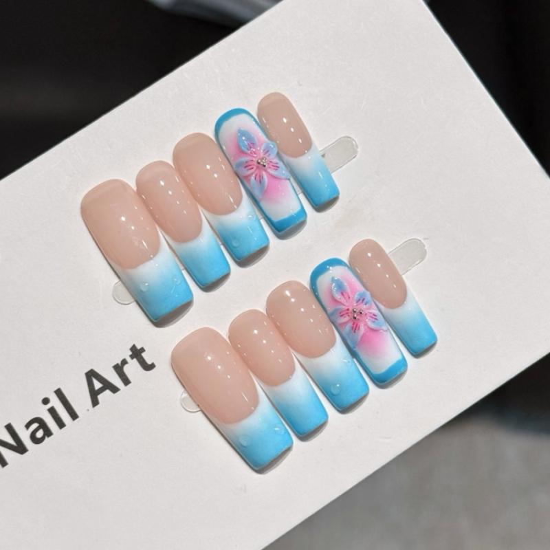 10Pcs Handmade Blue Gradient French Fake Nails with Water Drop & 3D Flower Accents XS