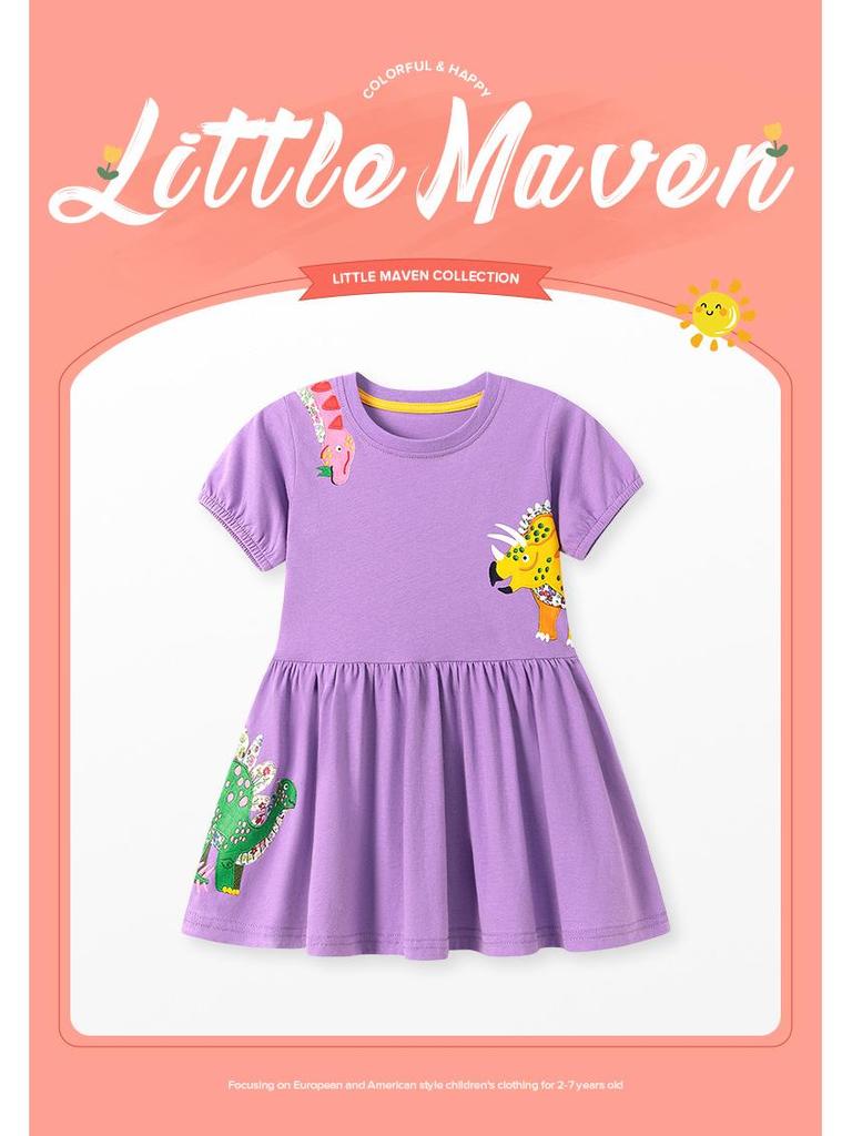 Little Maven Girls' Cartoon Short-Sleeve Summer Dress - European & American Style.