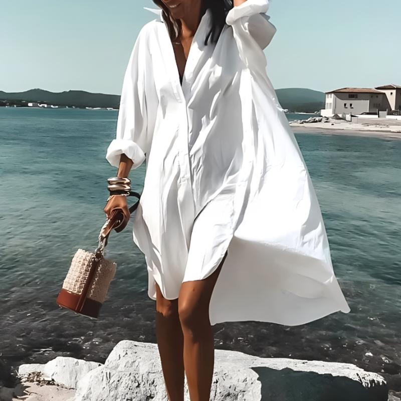 Spring or Summer Chic Ladies's Loose Casual Long Sleeve Shirt Dress Elegant Ladies's Casual White Print Lapel Single Breasted Dress