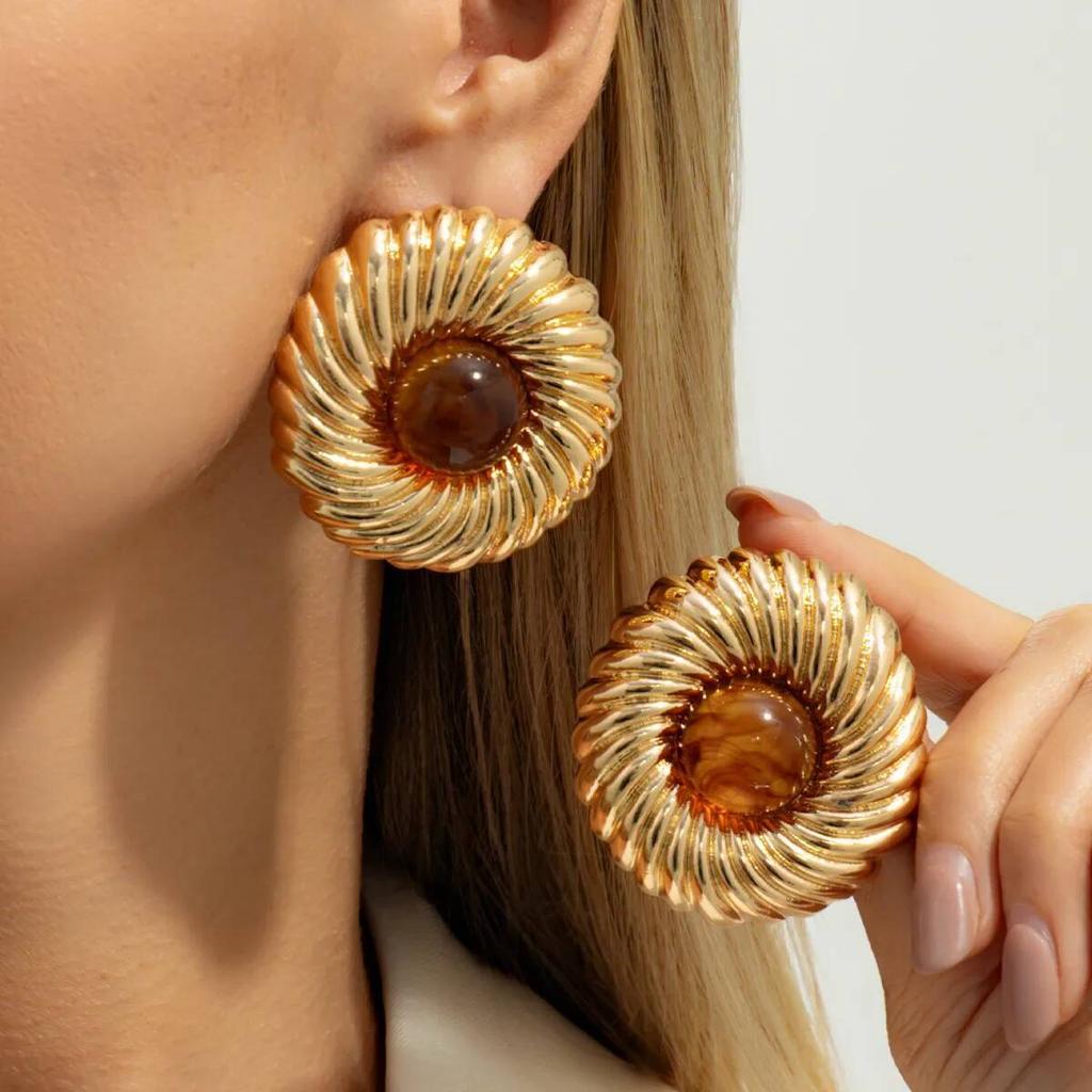 SHIXIN 4 Colors Exaggerated Geometric Round Large Stud Earrings Women Retro Inlaid Resin Acrylic Spiral Earrings Party Jewelry