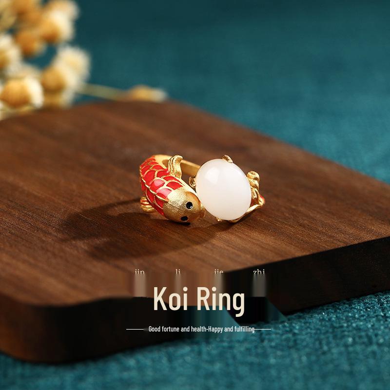 

Кольцо Aieryuan из эмали, покрытое золотом, с кои: Ретро китайский стиль с имитацией нефрита Хэтянь Adjustable Open Ring