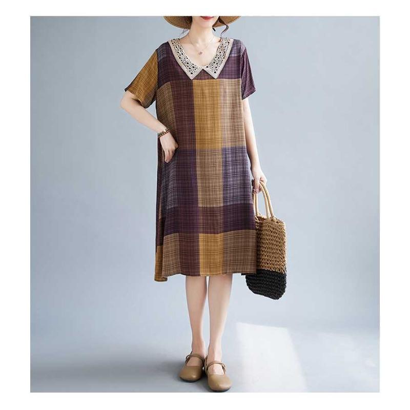 Summer Women's Literary Small Lapel Plaid Floral Dress Short Covered Flesh Skinny Skirt