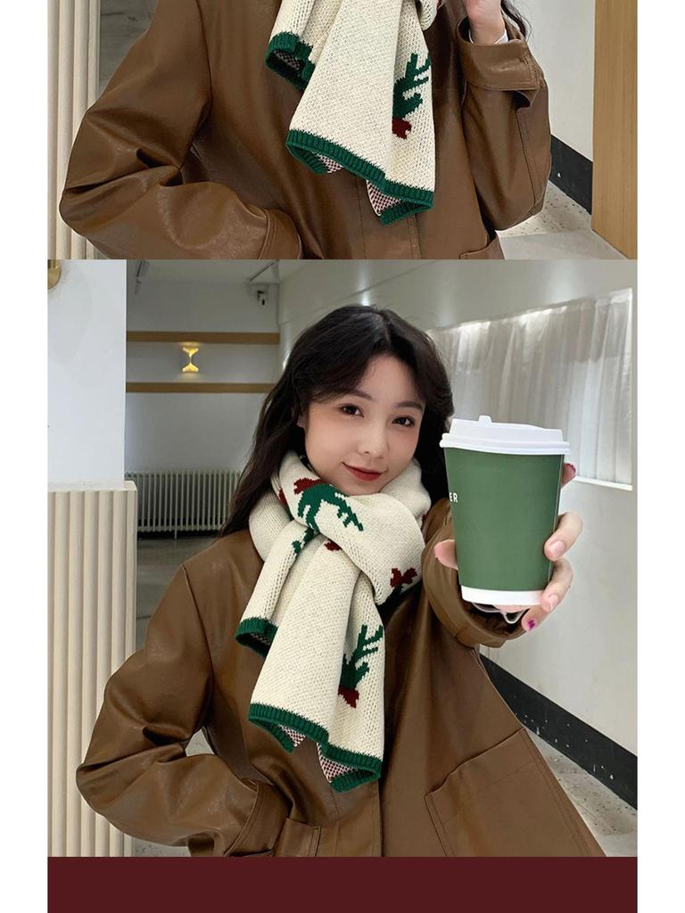 Korean Style Women's Cute Reindeer Knit Scarf: Soft, Versatile Neck Warmer for Autumn and Winter