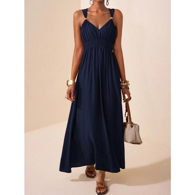 JPNTKY Moda Estiva Primaverile Colore Unico Stampa Senza Maniche Scollo a V Abiti Casual