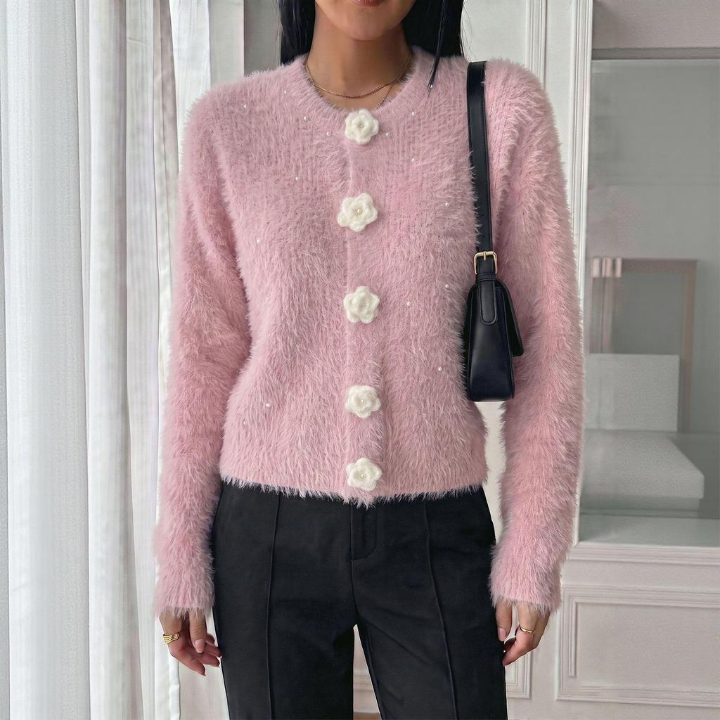 Women's Fashion Knit Cardigan Sweater with Flower Buttons