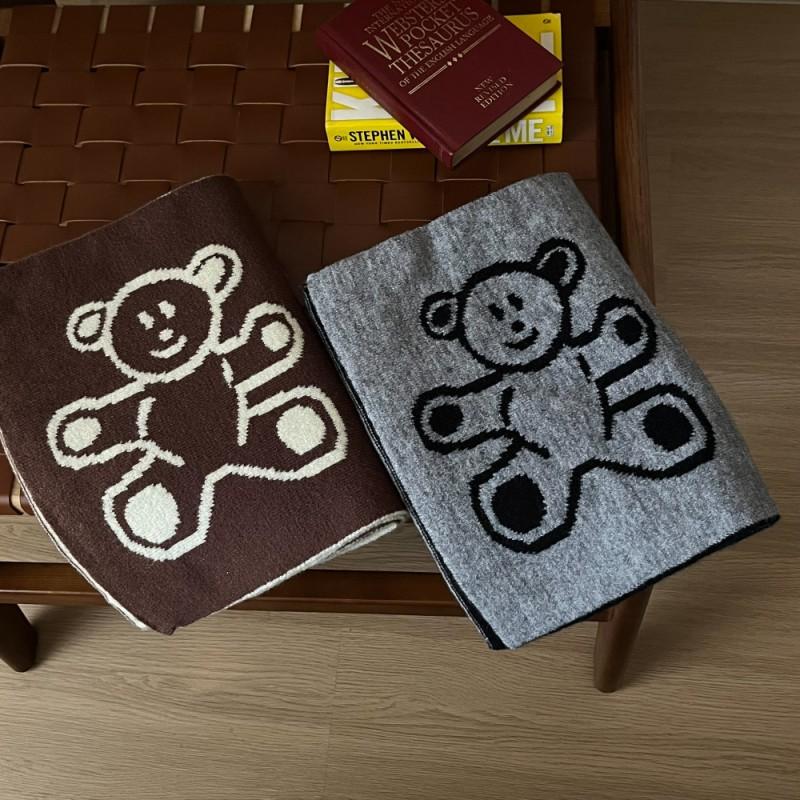 Soft Knitted Bear Motif Scarf Women Winter Warm Double-Sided Wrap Shawl Student Style Unisex Accessory