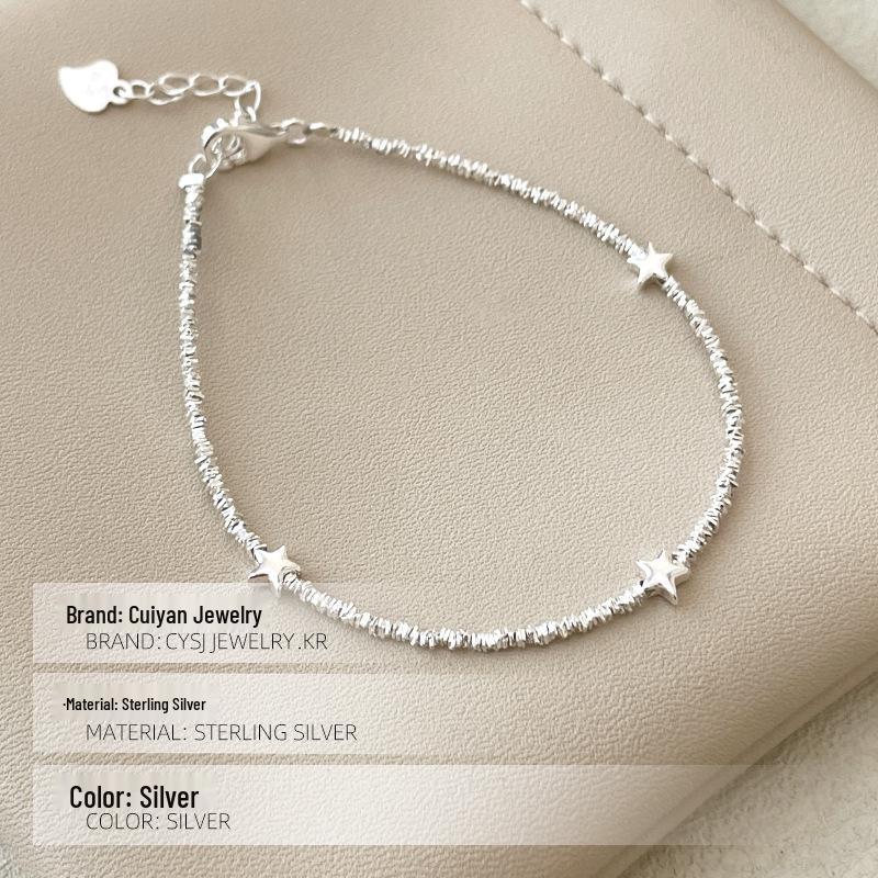 Cui Yan S925 Sterling Silver Korean Five-Pointed Star Bracelet for Women – Trendy Simple Design with Crushed Silver Beads.