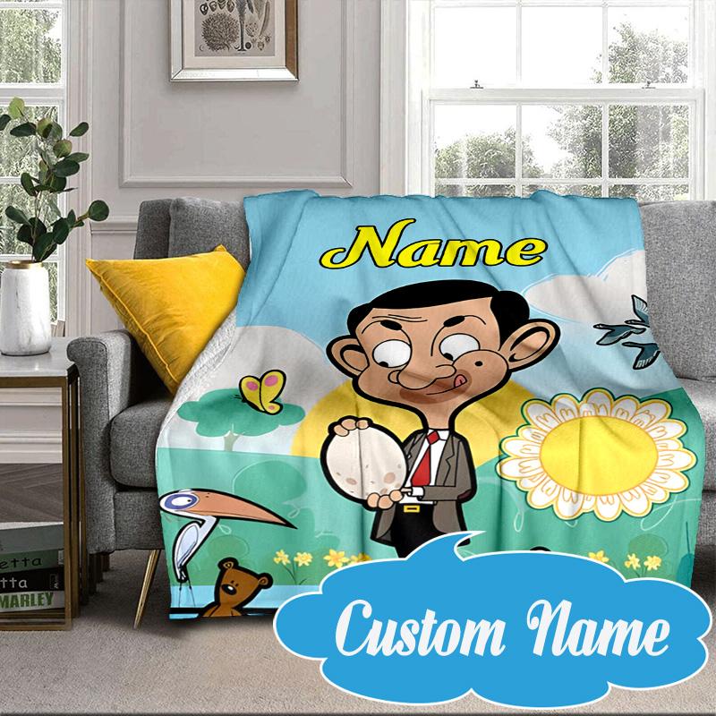 Custom Name Mr. Bean's Sunny Day Blanket Bed Sofa Blanket Flannel Blanket for Camping, Hiking, Picnic Essentials,gift for Fan Family
