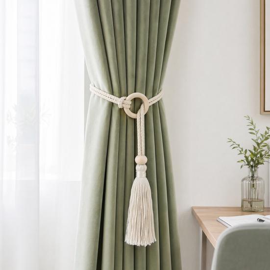 Tiranti per Tende con Nappe ad Anello in Legno, Supporti Regolabili per Tende da Finestra, Fermacarte per Tende senza Foratura per Decorazione Casa Camera da Letto