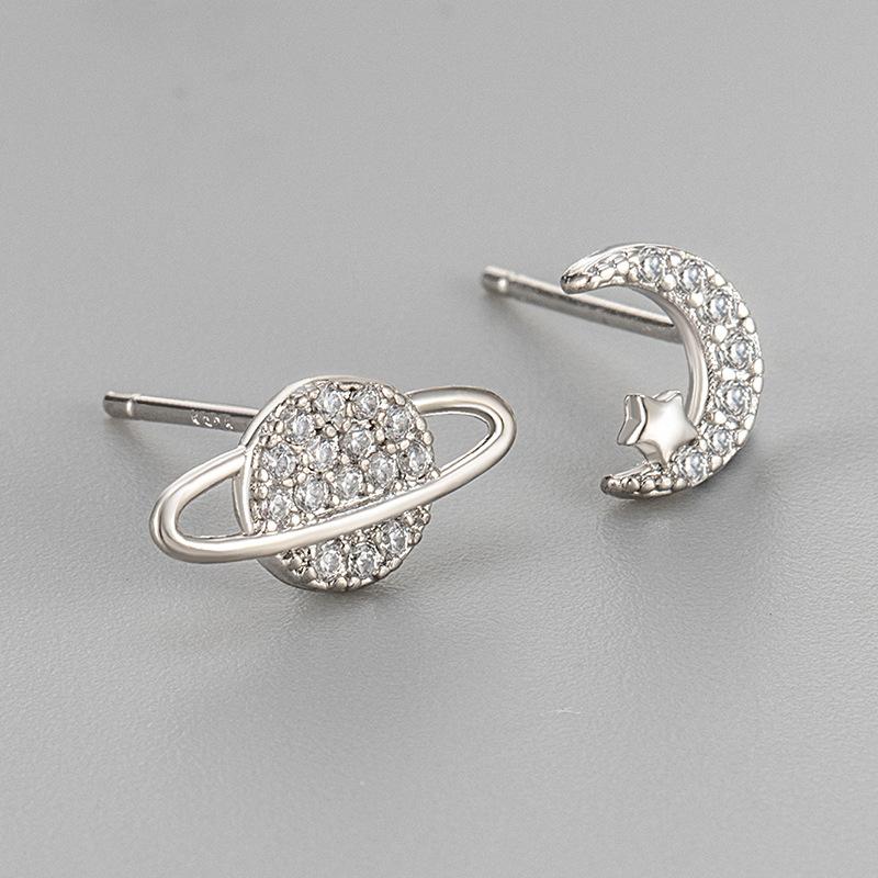 Asymmetric Micro Paved Planet Moon Stud Earrings For Women Minimalist Chic Small Exquisite Earrings Fashion Jewelry copper