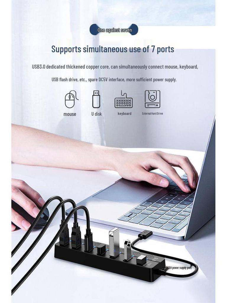 USB 3.0 Seven-Port Hub with Independent Switches and Power Supply for Desktop Computers