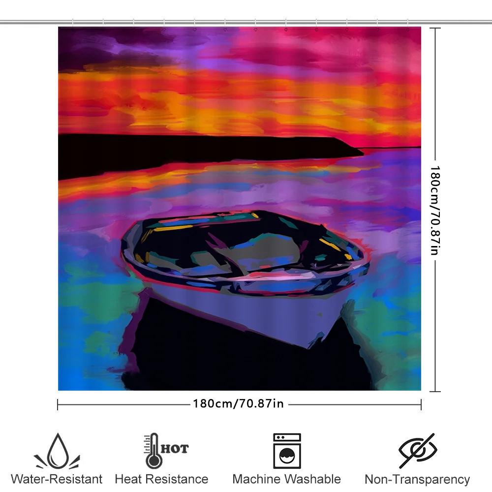 Waterproof Shower Curtain Featuring A Colorful Sunset Boat Design With Uv Protection For Bathroom Decor Accessories