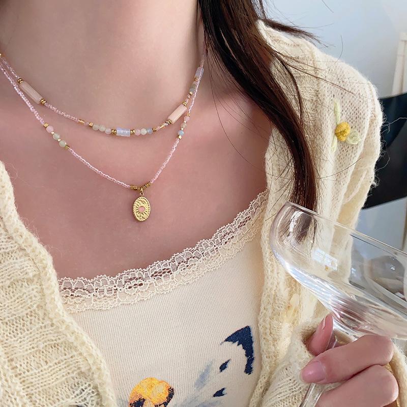 Naszyjnik ze słonecznikiem Surowy kamień Koralikowy łańcuszek na szyję Boho Wakacje Lato Wszechstronny kolor Kamień naturalny Łańcuszek na obojczyk Kobiety