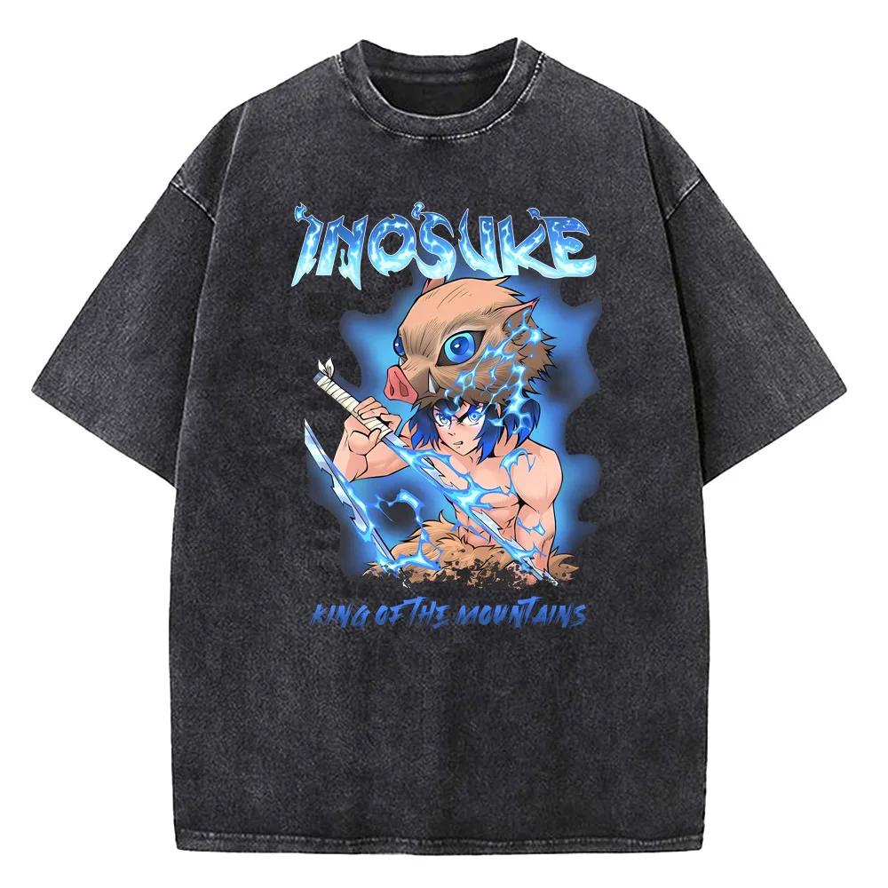 Fashion Tops Anime Demon Slayer Infinity Castle Washed T-shirt Men Fashion Vintage Casual Cotton Top Clothing