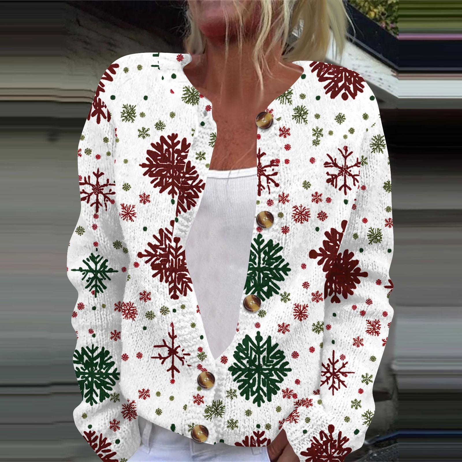 

Женская мода рождественский принт длинный рукав вязаный кардиган пуховик XL белый
