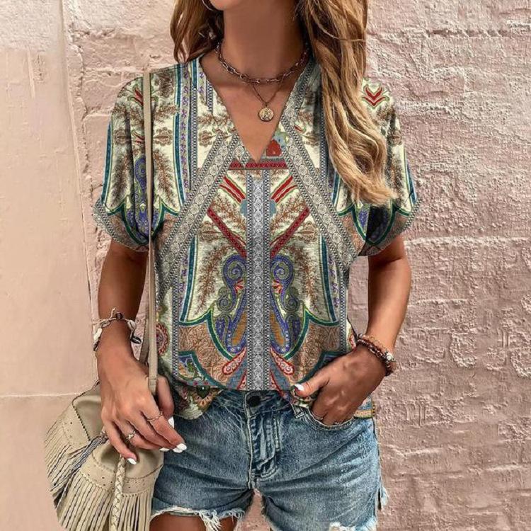 Summer V-neck Design Niche Vintage Pattern Printed Top Women's T-shirts