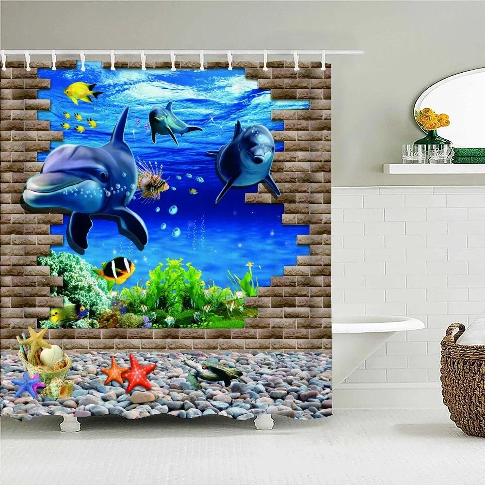 Underwater World Fish Turtle 3d Shower Curtains Ocean Dolphin Sea Scenery Fabric Waterproof Bath Curtain Bathroom Decor Screen