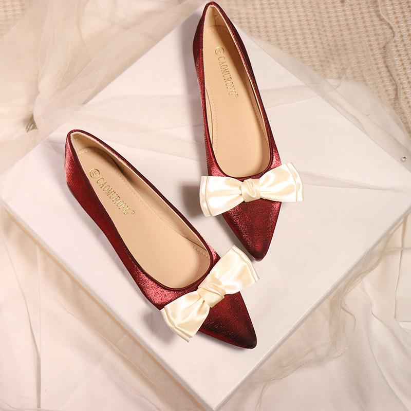 Fashion elegant ladies bowknot silk wedding shoes woman suede leather ballet flats pointy slip on loafers women bow moccasins big size43