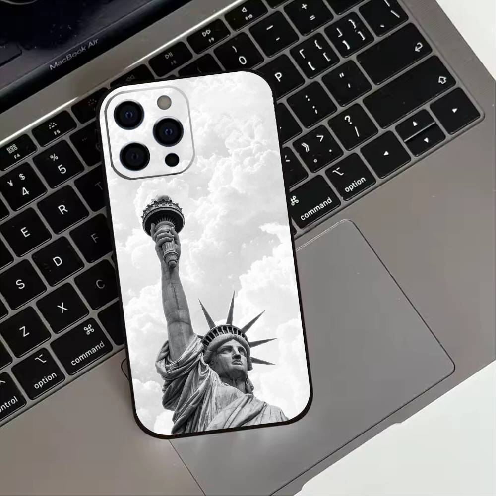 America USA Flag S-Statue Liberty  Phone Case For iPhone 17,16,15,14,13,12,11 Plus,Pro Max,XS,Soft Silicone Black Cover