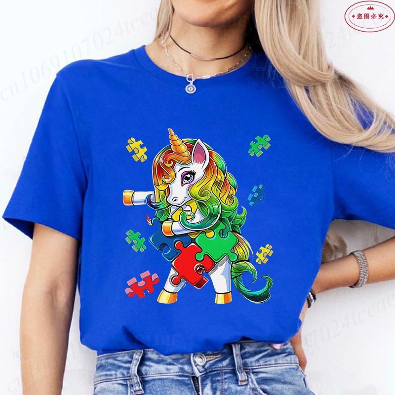 Autism Awareness TShirt for Unisex Clothing Summer O Neck Short Sleeve Tees Shirt Awareness Month Unicorn Graphic Y2k Tops
