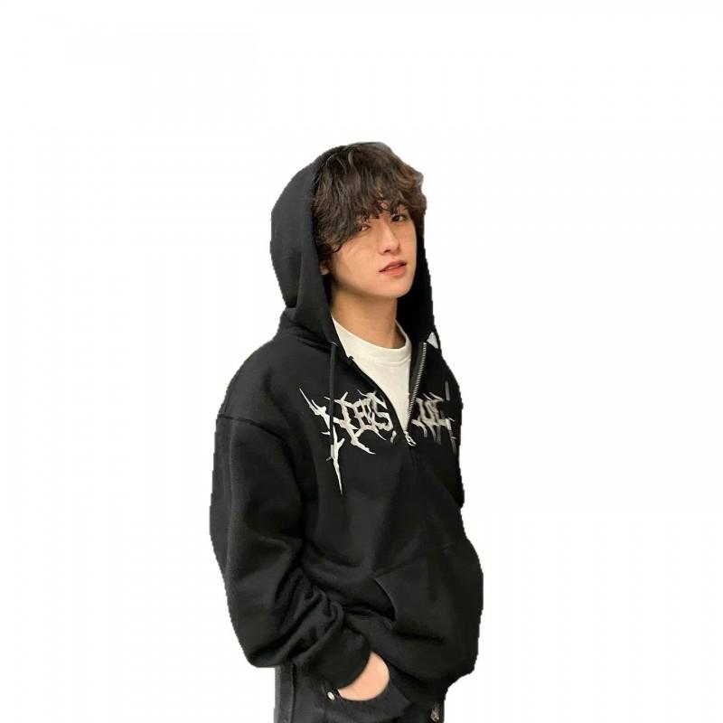 Unisex Hooded Zip-Up Sweatshirt Loose Fit Round Neck Halloween Print Long Sleeve Casual Pullover Teens