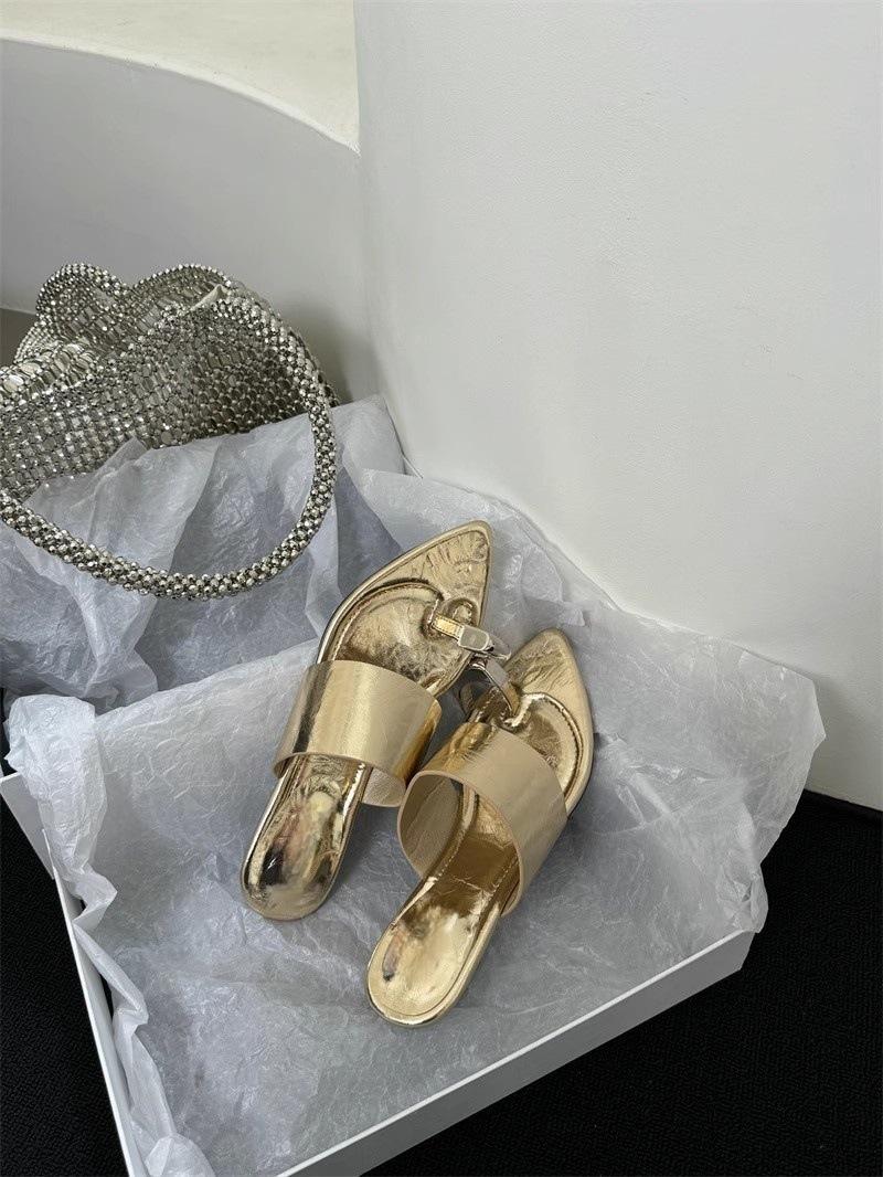 

Pointed toe thick heel medium heel outer slippers women s style metal high heel one word cool slippers 40 золотой