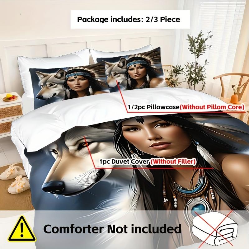 Wolf Feather Design Showcase the Dynamic Wildness Natural Elements Combined Theme Pattern Bedding Set 3D Print Duvet Cover Set