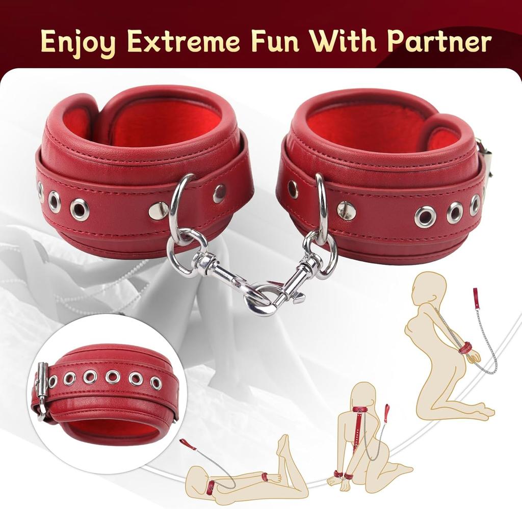 BDSM Bondage Restraints Set Couples Sex Toy Neck Wrist Restraints Kit with Traction Chain Back Handcuffs Collar Adjustable Bondage Gear Accessories