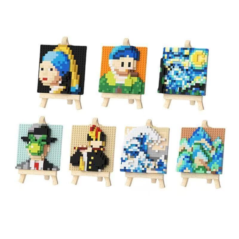 Hot Famous Painting Building Blocks With Wooden Easel Diamond Bricks Educational Toys DIY Decorations Birthday Kids Gifts