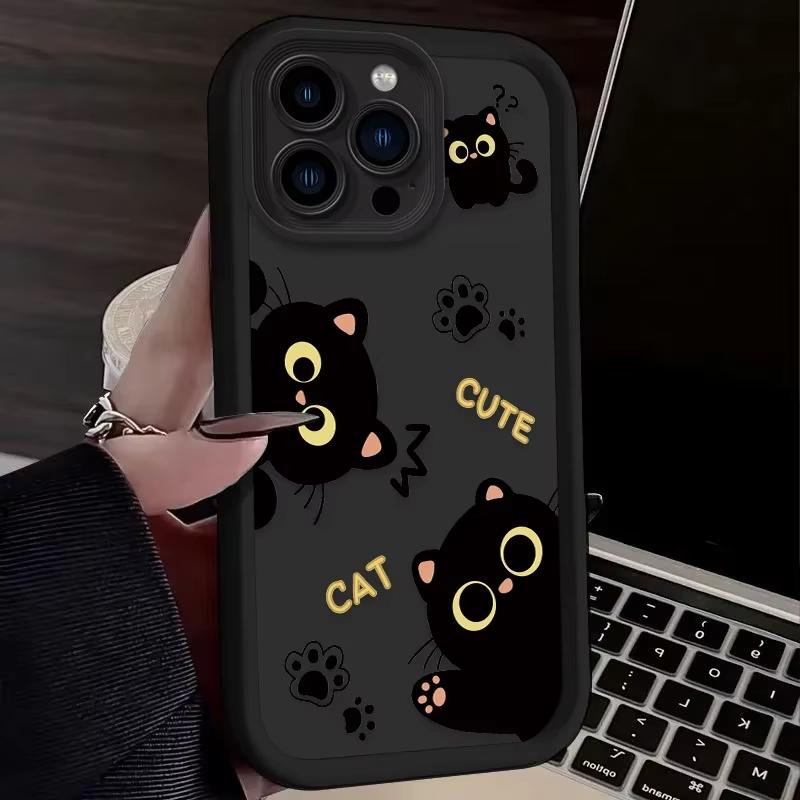 Lovely Black Cat love Heart Silicone Soft Phone Case For iPhone 16 15 14 13 12 11 Pro Max XS X XR 7 8 SE Shockproof