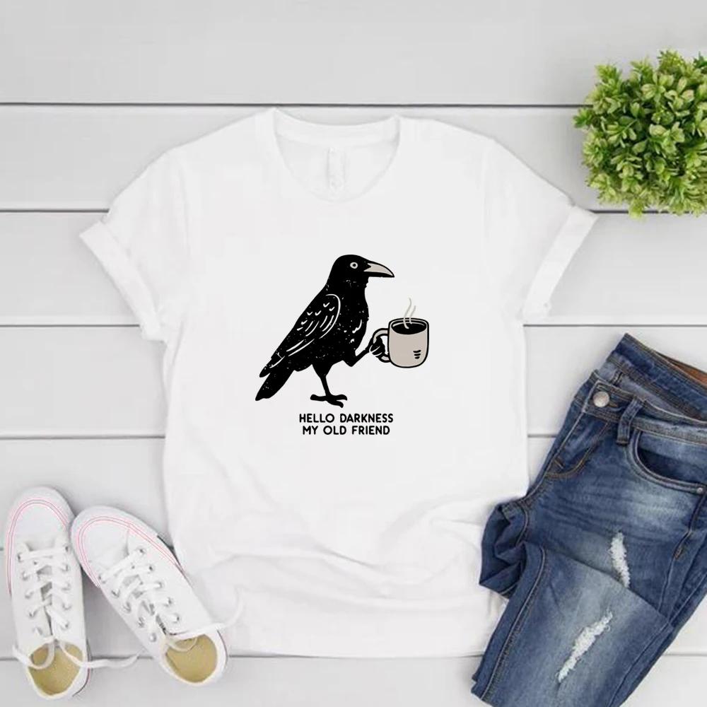 Raven Crow Coffee Shirt Halloween Womens Tshirt Short Sleeve Coffee Lover Gift Crow Coffee Printed Pattern Tshirt